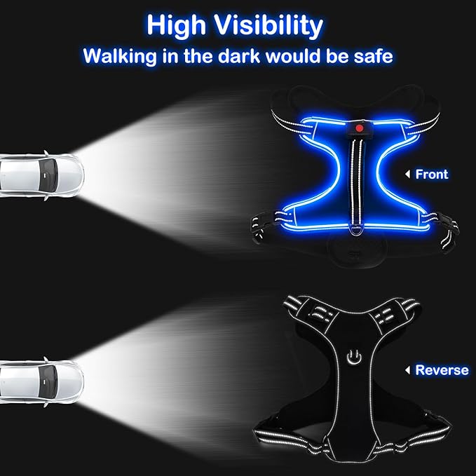 Light Up Dog Harness, No Pull LED Dog Harness with Handle, Rechargeable Lighted Safety Vest for Small Medium Large Dogs, Adjustable Soft Dog Lights for Night Walking