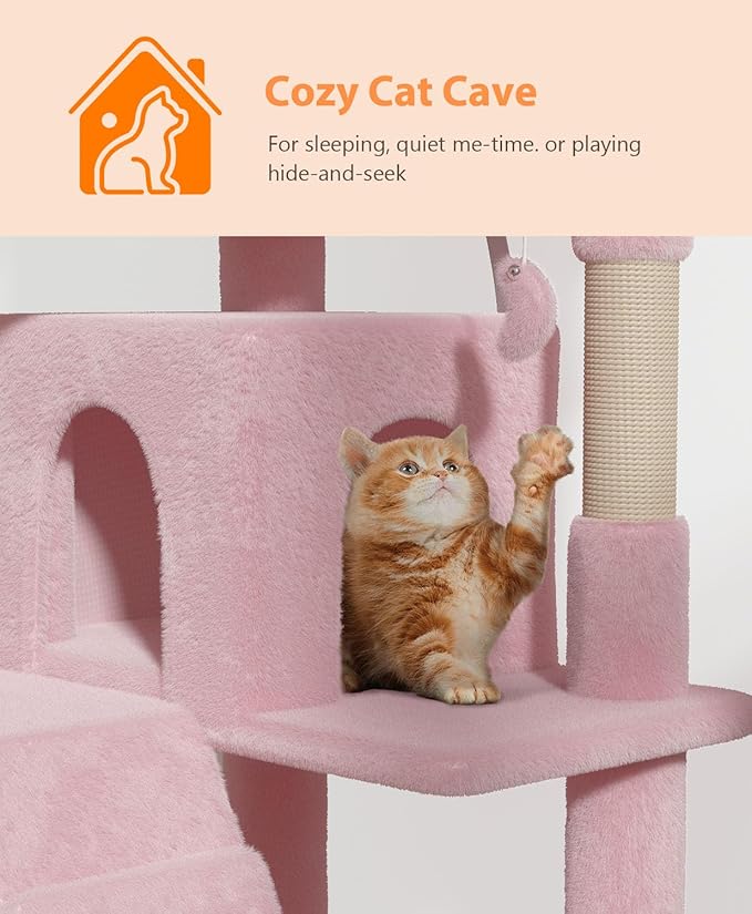 77'' Cat Tree Tower for Indoor Cats Large Adult, Cute/Tall Modern Cat Tree for Big Cats 20 lbs, Plush Multi-Level Cat Condo with Scratching Posts,Dangling Ball (Soft Pink, 77 inch)