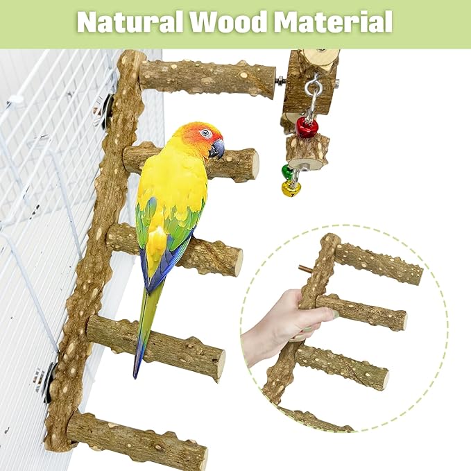 BNOSDM Natural Wood Bird Ladder Perch with Rotating Bell Toys-Exercise Stands for Parrot Climbing Chewing Parakeet Bridge Cage Accessories for Cockatiel, Conures, Lovebirds, Budgie
