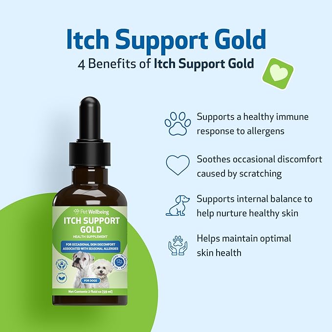 Pet Wellbeing Itch Support Gold for Dogs - Occasional Itching, Scratching, and Hot Spots, Environmental and Seasonal Allergies, Dong Quai - Veterinarian-Formulated Herbal Supplement 2 oz (59 ml)