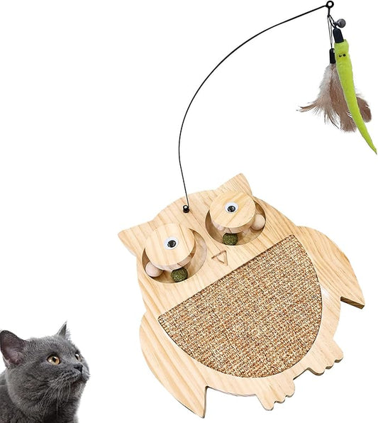 Petest Interactive Cat Toy Natural Sisal Cat Scratcher Toy with Catnip Balls, Owl Design