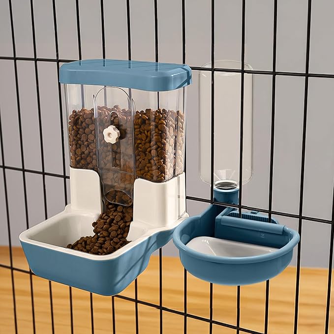 Automatic Pet Food Water Dispenser, Auto Gravity Pet Feeder Water Bottle Set for Crate, Feeding Station for Small Dog Cat Rabbit Guinea Pigs Chinchilla Ferret Hedgehog (Blue)