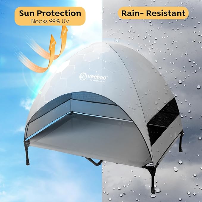 Veehoo Outdoor Dog Bed with Canopy, Cooling Elevated Pet Cot with Removable Shade, Non-Slip Feet, Raised Dog Cot for Large Dogs, Pet Tent Bed for Camping, Beach, XLarge, Grey, CWC2411