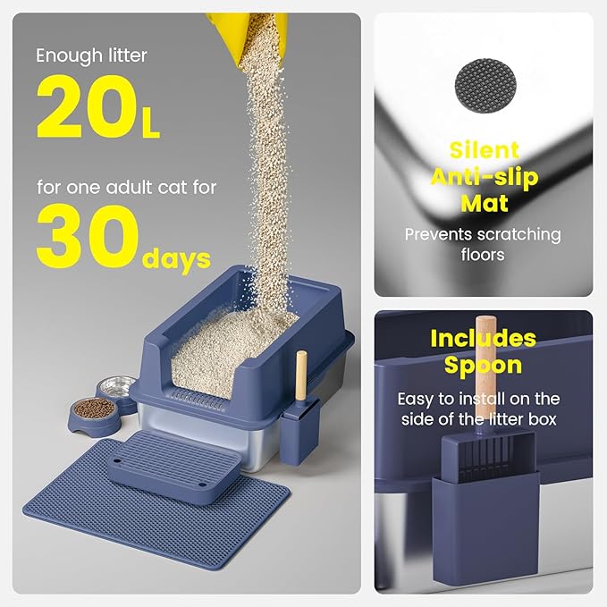 Stainless Steel Cat Litter Box - Enclosed XL Metal Kitty Litter Box with Lid for Big Cats, High Sided, Anti-Leakage, Easy Cleaning, Non-Sticky, Included Litter Mat, Cat Bowl & Spoon