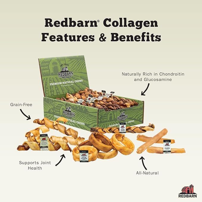 Redbarn Pet Products Recbarn Natural 12" Beef Collagen Braids - Case of 20 Sticks - Long Lasting Low-Odor Alternative to Rawhide & Bully Sticks -Single Ingredient Chew for Medium Large Dogs