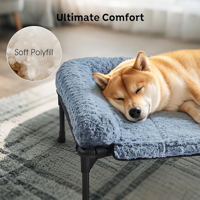 Veehoo Cooling Elevated Dog Bed Add Removable Deluxe Rose Plush Bolster Cushion Mat, 59" x 37" Washable Dog Couch Bed, Raised Pet Cot with Breathable Teslin Mesh, No-Slip Feet, Haze Blue, CWC2439B