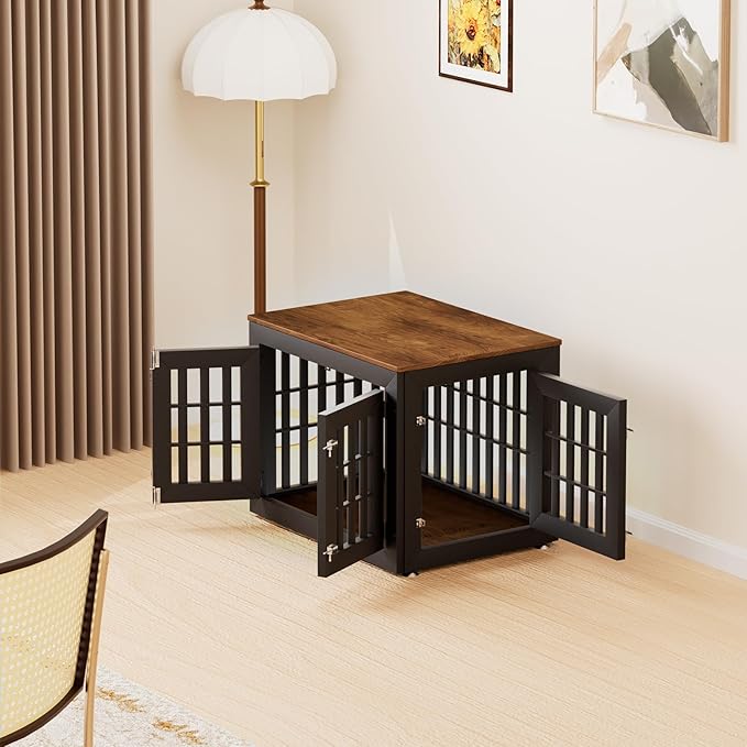 32" Heavy Duty Dog Crate Furniture for Small,Medium and Large Dogs,Rustic Wooden Dog Cage Kennel Indoor Furniture with Waterproof Top,Decorative Pet House Side End Table (Black & Wood)