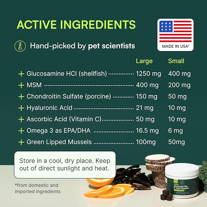 Wuffes Advanced Dog Hip and Joint Supplement with Glucosamine, Chondroitin, Omega 3, MSM, and Green Lipped Mussel, (Pack of 2, Small & Large Breed)
