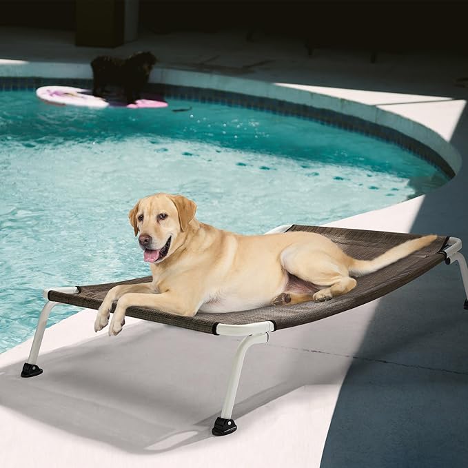 Veehoo Elevated Dog Bed for Outdoor, Cooling Waterproof Raised Dog Cots Beds for Large Dogs, Curved Off Ground Pet Hammock Cot Lifted for Outside, up to 85lbs, White Legs, Brown 42"