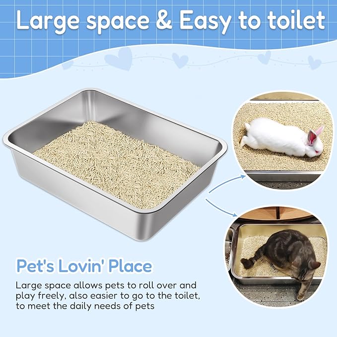 LIHONG Stainless Steel Cat Litter Box for Cat and Rabbit, Odor Control Litter Box Non Slip Rubber Feet. Odor Control, Non Stick, Never Bend 16" L x 12" W x 4" H