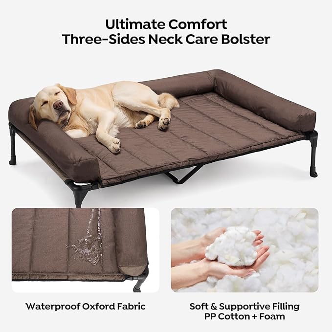 Veehoo Cooling Elevated Dog Bed Add Removable Waterproof Bolster Cushion Mat, Raised Pet Cot with Breathable Teslin Mesh, No-Slip Feet, Dog Sofa Bed for Indoor Outdoor, XLarge, Brown CWC2331B