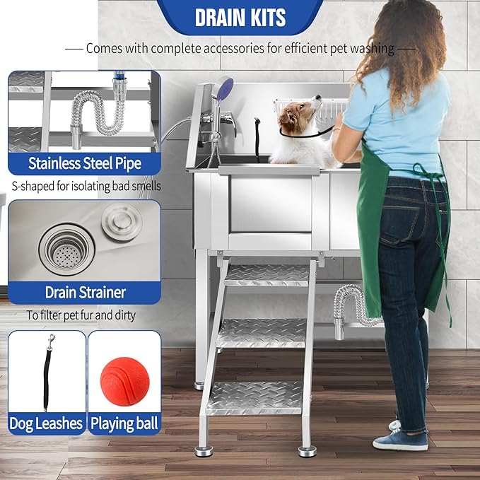 Dog Washing Station 38'' Stainless Steel Pet Grooming Tub for Large Dogs Over-Size Professional Dog Grooming Bathtub Station Wash Shower Sink Pet Grooming Bathtub Station