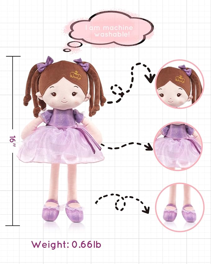 Soft Baby Doll Toys (16''), My First Baby Rag Doll for 1 Year-Old Girl Birthday Gift, Christmas Plush Toys Gift for Toddler Kids Infants-Daydream-Princess-Coral-Violet