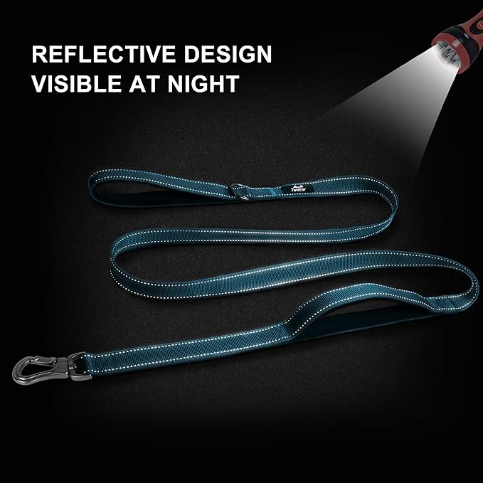 TwoEar 4FT 1IN Strong Blue Dog Leash with 2 Padded Handles, Traffic Handle Extra Control, Comfortable Soft Dual Handle, Auto Lock Hook, Reflective Walking Lead for Small Medium and Large Dogs
