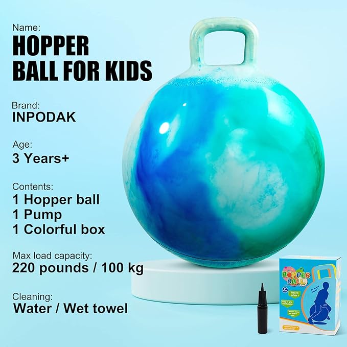 INPODAK Hopper Ball 18 Inch Bouncy Ball with Handle for Kids, Hippity Hop Jumping Hopping Toy for Boys Girls Ages 3-6 with Pump and Gift Box Great Gift for Birthday Holiday