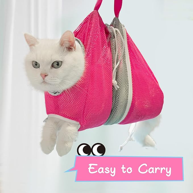 Cinf Cat Bathing Bag, Breathable Mesh Anti Scratch Adjustable Cat Grooming Bag for Nail Trimming, Bathing Soft Cat Washing Bag(Pink) M