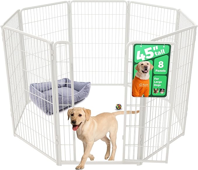 FXW Homeplus Unleashed Indoor Dog Playpen - Stress-Free and Safe Play, Heavy Duty 45 Inch 8 Wire Panels Dog Pen for Large Dogs, White│Patented