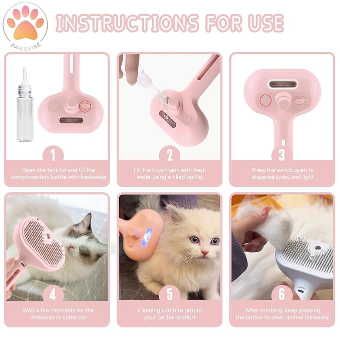 Cat steam brush – Effective Pet Brush for Indoor Cats, Steam Technology for Shedding, Mats & Grooming – Ideal cat brush indoor for Deep Cleaning (Pink)