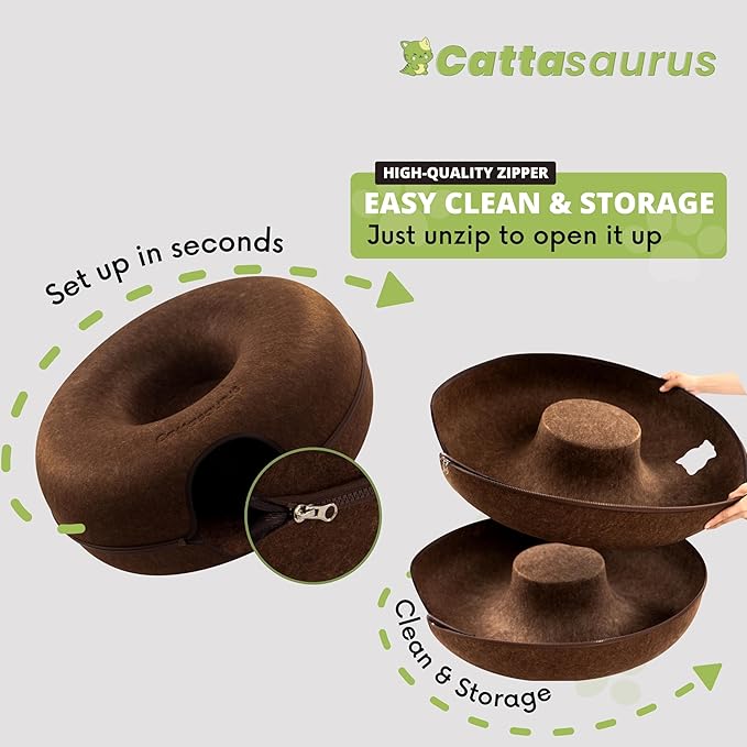 Cattasaurus Peekaboo Cat Cave for Multiple & Large Cats Up to 30-45 Lbs, Scratch Detachable & Washable Tunnel Bed, Comfy Donut Cat Cave (Brown, Jumbo)