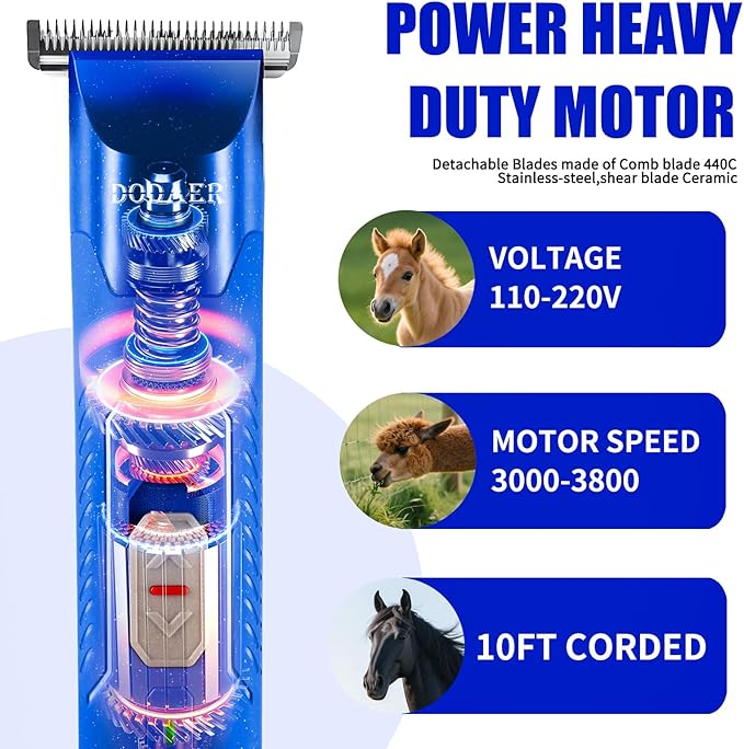Professional Grooming Electric Corded 2-Speed Horse Clipper with Detachable Blade - Cool & Quiet Running Design - Includes Size T84 Blade for Complete Horse Grooming - Blue