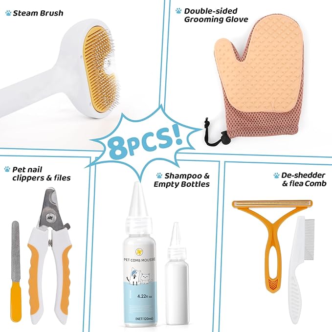 Pet Steam Brush for Dog & Cat – 3-in-1 Spray Hair Removal Comb for Shedding & Grooming Shedding Glove, Flea Comb, Couch Carpet Hair Removal Tool, Nail Toenail Clippers Nail File Shampoo-8PCS