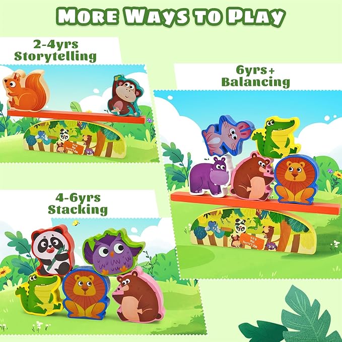 Vileafy Montessori Wooden Animal Toys for 3 4 5 Year Old Boys and Girls, 10 Pack Balance Blocks with Beam & Base, Toddler Stacking Toys Games, Educational Preschool Toys for Birthday Gifts