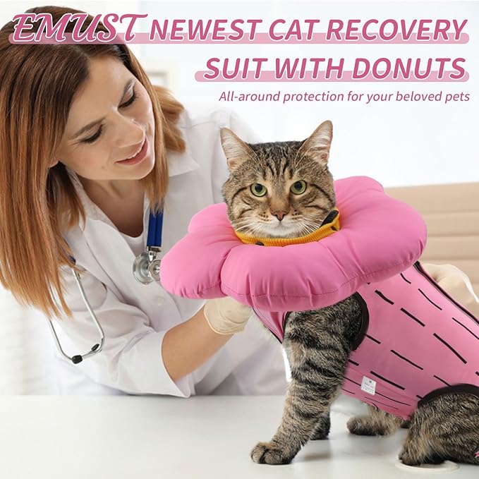 EMUST 2PCS Cat Recovery Suit and Cone Collar - Female, Breathable Cotton, Adjustable Soft E Collar Alternative for Cats 8-16lb (Pink, L)