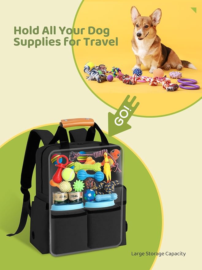 Dog Travel Bag, 25L Airline Approved Dog Travel Backpack for Pet Travel Accessories with 2 Food Storage Containers, 2 Foldable Bowls for Short Trips, Black