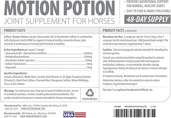 Jeffers Motion Potion Pellets Joint Supplement for Horses, 3.1lb- Glucosamine, MSM, Chondroitin, Hyaluronic Acid, & Vitamins. Daily Supplement for Safe, Easy to Feed, Fast Acting for Equine.
