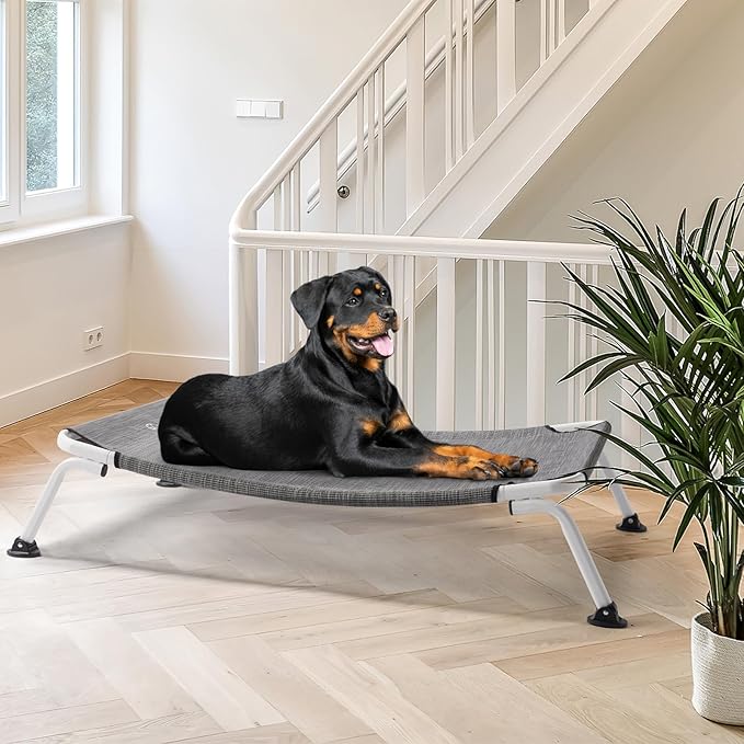 Veehoo Elevated Dog Bed for Outdoor, Cooling Waterproof Raised Dog Cots Beds XL, Curved Off Ground Pet Hammock Cot Lifted for Outside, up to 150lbs, White Legs, Black Silver 49"