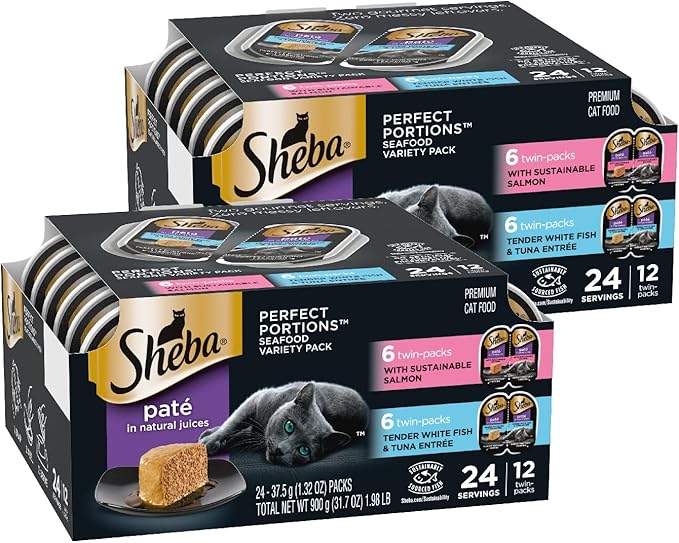 Sheba Perfect Portions Wet Cat Food Pate with Sustainable Salmon and Tender Whitefish & Tuna Entree Variety Pack, 2.6 oz. Twin-Pack Trays (12 Count, 24 Servings) (Pack of 2)