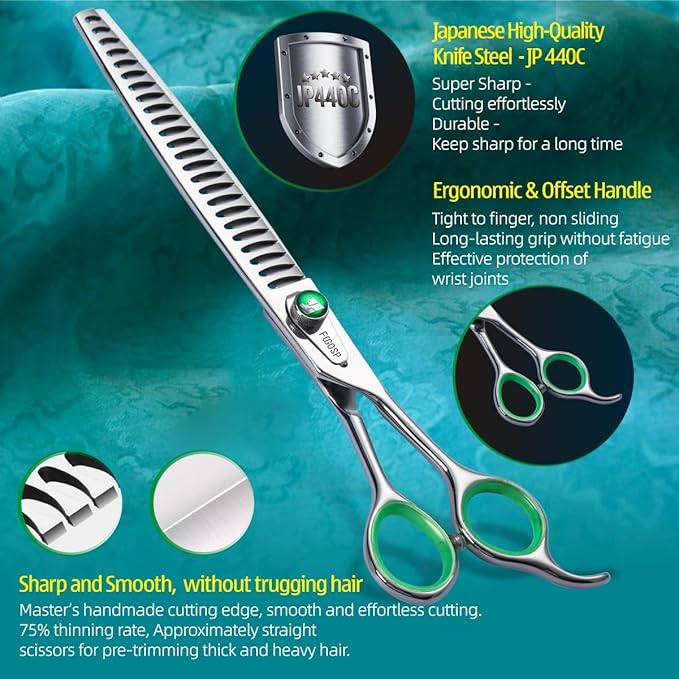 Professional Thinning Shears for Dogs 8 inch Dog Grooming Scissors for Pet Long Chunkers Shears Japanese 440C 70% Thinning Rate 24 Teeth Green Clover