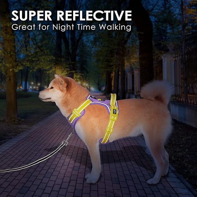 PHOEPET No Pull Dog Harness, Unique Colors Reflective Adjustable Dog Vest, with Soft Training Handle Metal Clips for Small Medium Large Dogs (Baby Purple Base & Yellow Straps,S)