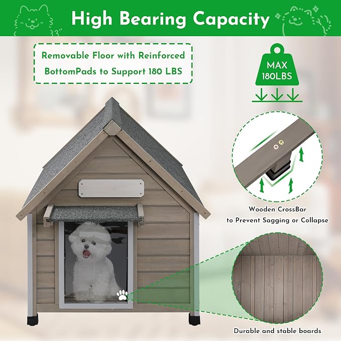 Outdoor Dog House Weatherproof Large Wooden Dog Kennel Indoor for Small Dogs with Chew-Proof Frame, Oxford Fabric Window, Removable Floor Pet Shelter (Grey, 26" D x 31.9" W x 32" H)