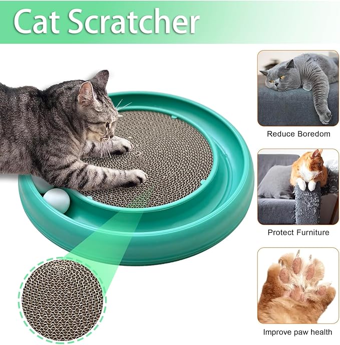 Interactive Cat Ball Track Toy for Indoor Cats, Cat Scratching Board & Exercise Set for Bored Indoor Adult and Kitten Mental & Physical Stimulation, with Spare Ball to Prevent Loss (Green)