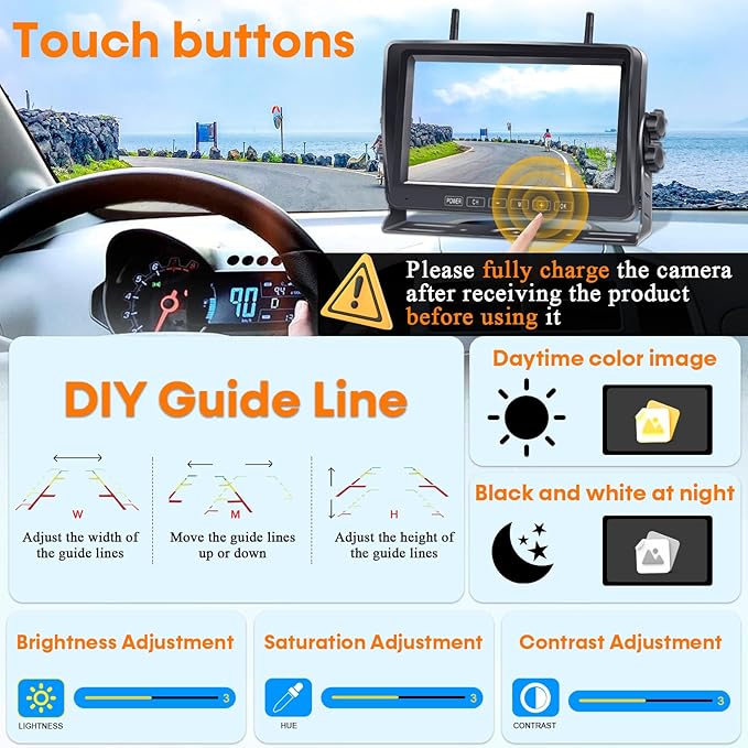 Wireless Backup Camera for RV Install-Free 7-Inch: Magnetic HD 1080P Recording Solar Rear View Camera No-Delay Signal with Touch Button Monitor System Y08