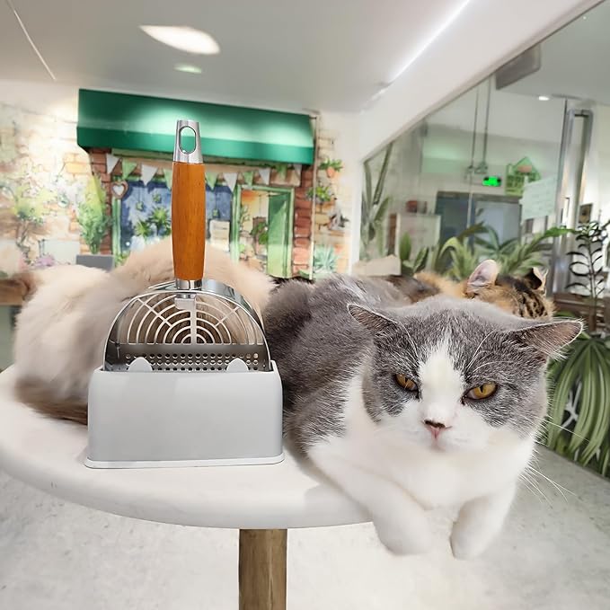 Cat Litter Scoop, Litter Scooper, Metal Cat Litter Scoop, Stainless Steel Cat Litter Scoop, Kitten Pooper Lifter, Kitty Metal Scooper with Holder for Cat Litter Box Round Holes Easy Cleaning