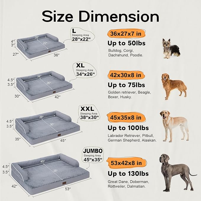 Large Dog Bed Orthopedic Washable, Big Large XXXLarge Dogs, Orthopedic Grey Extra Dog Bed with Waterproof Cover and Removable Egg Foam, Couch Bed Bolster