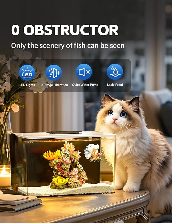 2.5 Gallon Fish Tank Small Aquarium Starter Kit with Hidden Filtration, 3 Color Light, Self Cleaning Nano Tank for Betta, Shrimp, Guppy, Angelfish