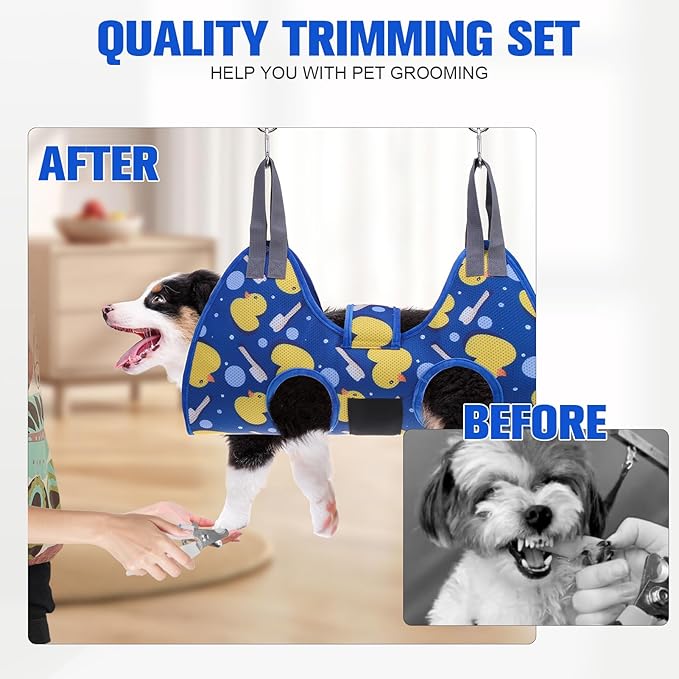 PAWCHIE Dog Grooming Hammock Harness for Dogs & Cats with Pet Nail Clipper Trimmer - Cat Hanger Sling for Trimming Clipping Nails- Dog Hammock Restraint Bag for Small Medium Large Dog, Navy Blue XS