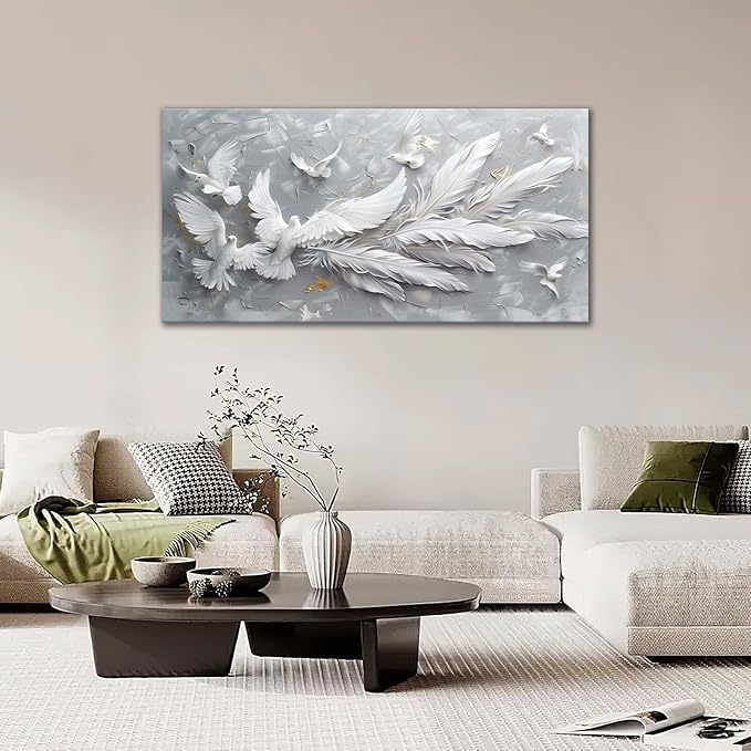 Quorin Feather Dove Bird Large Wall Art White and Gray Peaceful Birds Flying Pictures Holy Wings Wall Decor Canvas Print Painting Artwork for Bathroom Living Room Bedroom 30"x60"