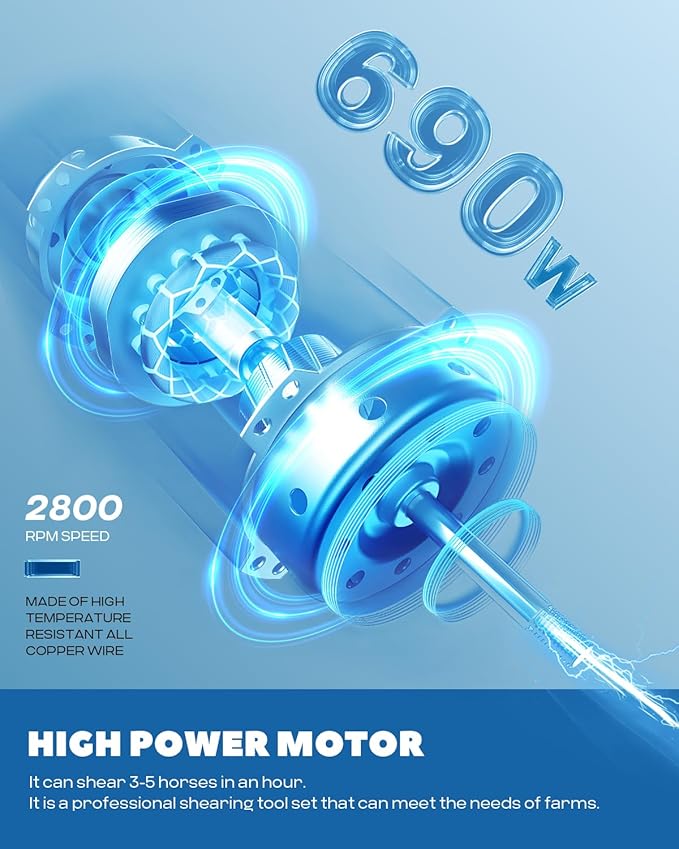 Horse Clippers 690W 28000RPM, Heavy Duty Horse Grooming Kit, Professional Livestock Clippers with 6 Speed Adjustable for Shaving Horse Pony Cattle Goat Large Dogs and Others