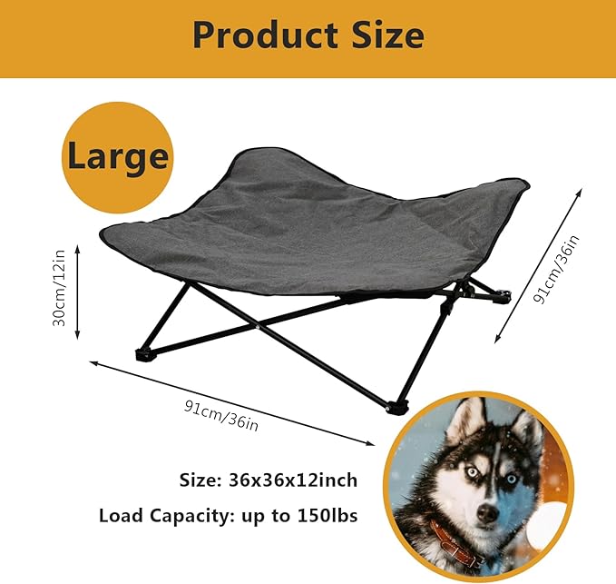 Elevated Dog Bed, Portable Raised Pet Cot for Outdoor and Indoor Folding Dog Cot Bed with Padded Filling Carrying Bag Included Pet Raised Travel Lounger for Camping Traveling (36x36x12inch)