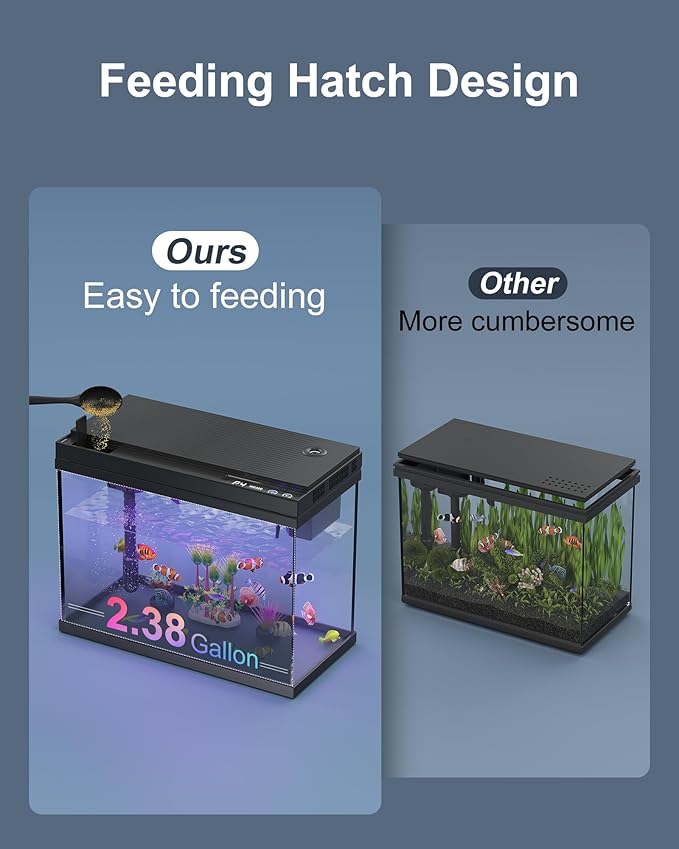 Fish Tank Aquarium Kit, 2.38 Gallon Beta Fish Aquariums, UHD Glass,Temperature Sensing, 7-Color Lighting Small Fish Tank for Kids/Desktop Decor