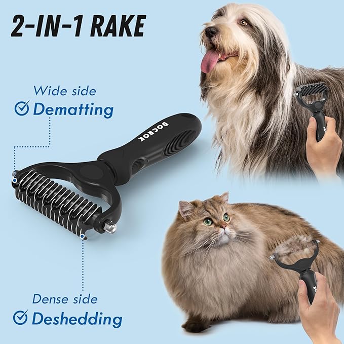 Pet Grooming Combo: Undercoat Rake, Dematting Deshedding Brush for Long-Haired Dogs and Cats, Black