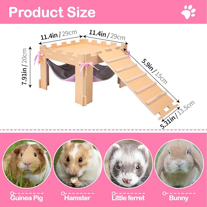 Guinea Pig Hammock with Platform and Ramps,Wooden Small Animal Hideout with Waterproof Coating Mat Hammock,Guinea Pig Cages Accessories Toys Hiding Playing,Easy to Clean(Single)