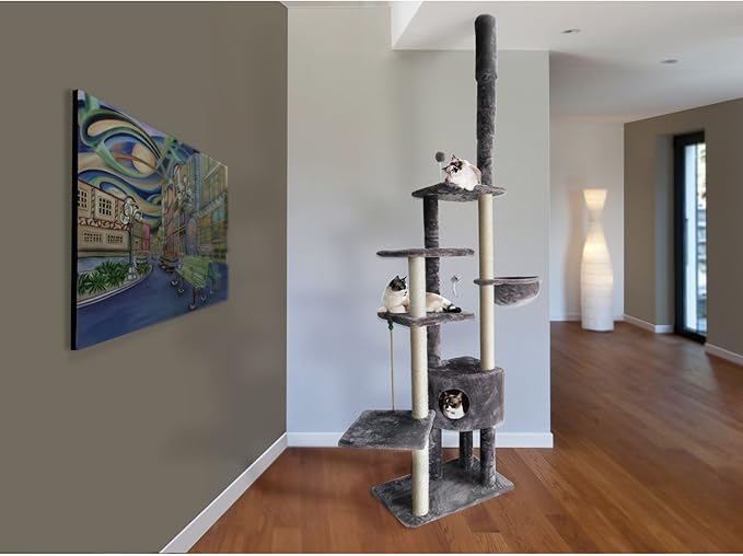 Furhaven 100"-113" Tall Cat Tree for Indoor Cats w/ Adjustable Height, Ft. Sisal Scratching Posts, Condo, & Toys - Tiger Tough Skyscraper Interactive Playground Tower - Gray, One Size