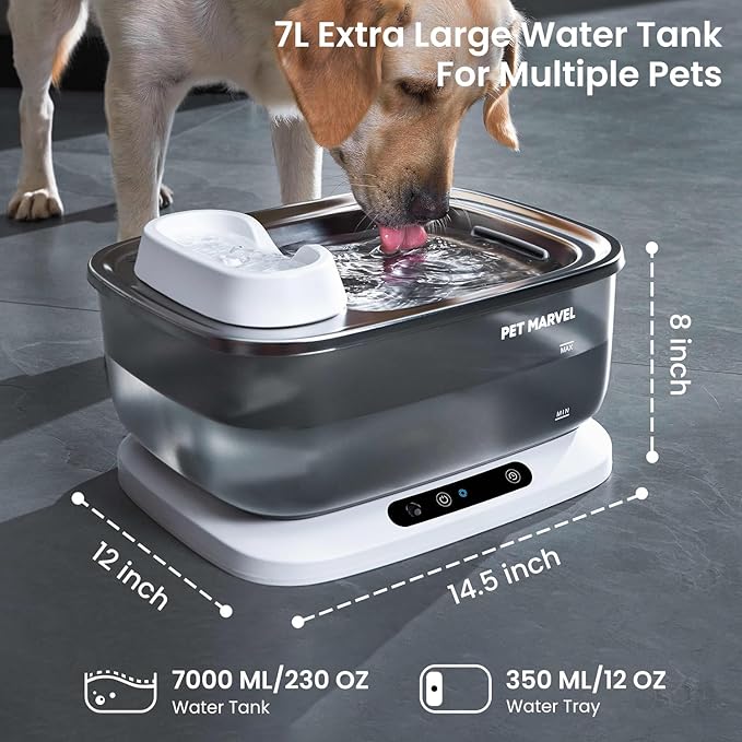 PET Marvel Wireless Sensing Dog Water Fountain for Large Dogs, 7L/1.8Gal/230oz Big Automatic Pet Water Dispenser for Multi Cats, Stainless Steel Filtered Drinking Bowl Wireless Pump F2 V2