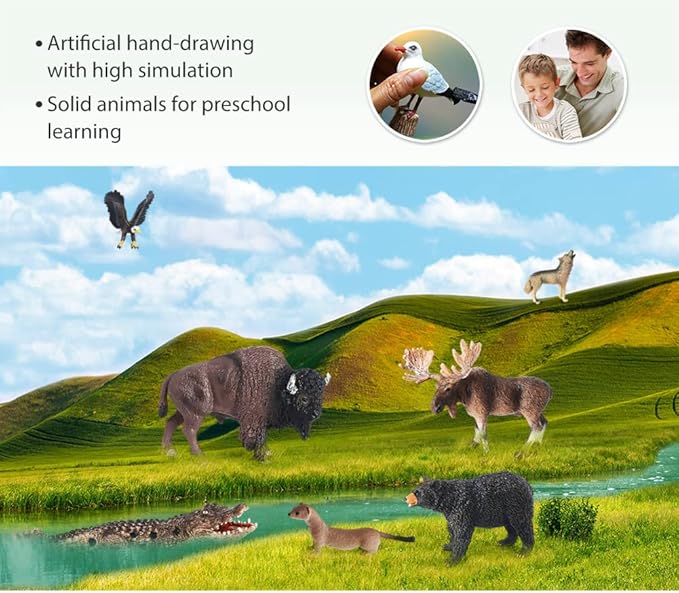 Volnau Safari Animal Figurines Toys 7PCS North America Figures Zoo Pack for Toddlers Kids Christmas Decoration Gift Preschool Educational Moose Wolf Bear Jungle Forest Woodland Set