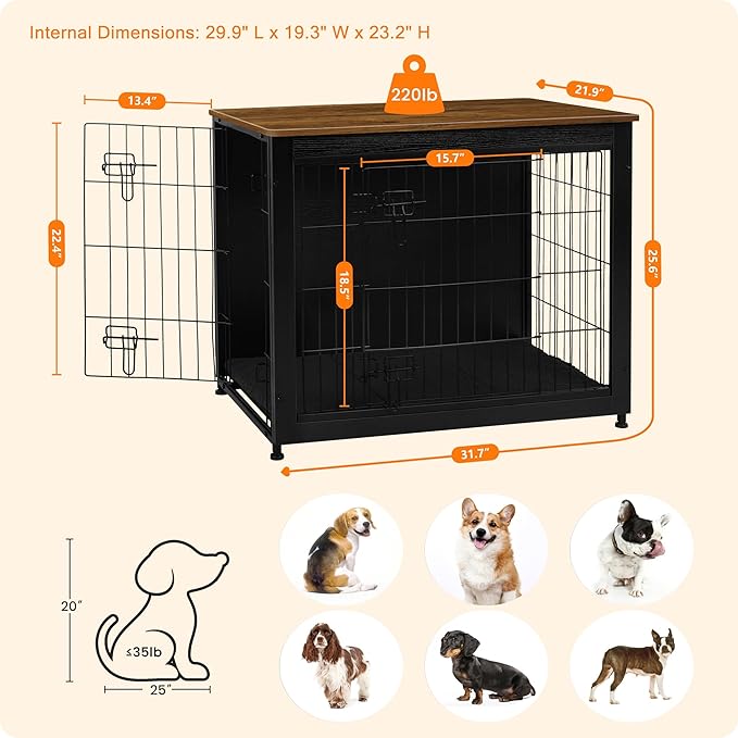 DWANTON Dog Crate Furniture with Cushion, Wooden Kennel Table with Double Doors, Indoor Dog House, Medium Size, 32.5" L, Black+Warm Brown
